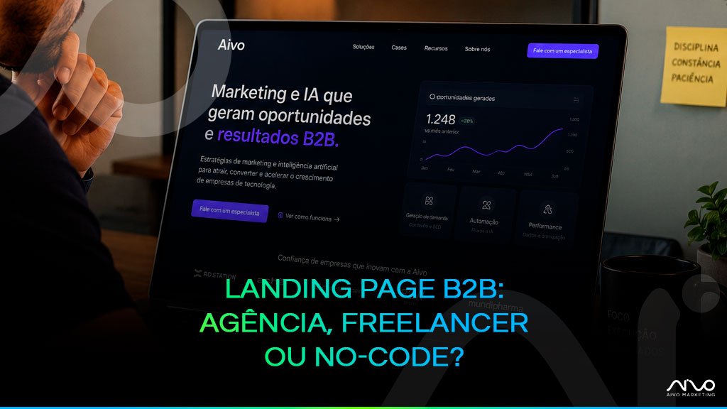 Comparação entre agência, freelancer e ferramenta no-code para criação de landing page B2B.