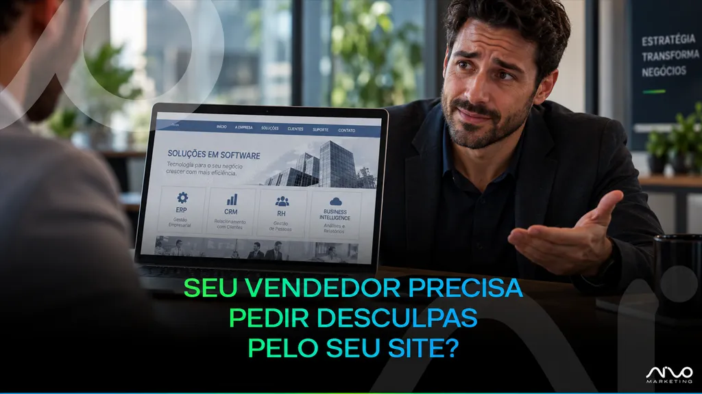 Vendedor apresenta um site de software house durante reunião, com a chamada “Seu vendedor precisa pedir desculpas pelo seu site?